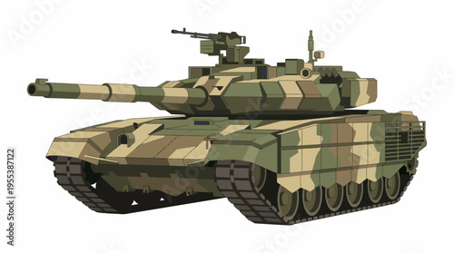 This graphic shows a detailed military tank in a camouflage pattern, showcasing its design and readiness for battlefield operations and defense strategies.