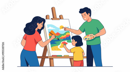 This heartwarming illustration features a family enjoying a creative moment as they paint a beautiful landscape, celebrating togetherness, art, love, and shared experiences.