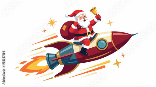 A whimsical illustration of Santa Claus soaring through the sky on a vibrant rocket, complete with a bag of gifts and a jingle bell, embodying joy and adventure.