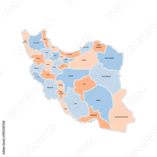 Iran political map of administrative divisions - provinces. Colorful handdrawn doodle style map with black outline borders and name labels.