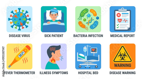 Vector illustration of a hospital scene with a sick patient and doctor examining a medical report with fever thermometer and warning signs.