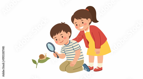 Children crouch down to examine a snail on a leaf, representing innocence and curiosity about nature, while showcasing the joy of small discoveries in a vibrant environment.