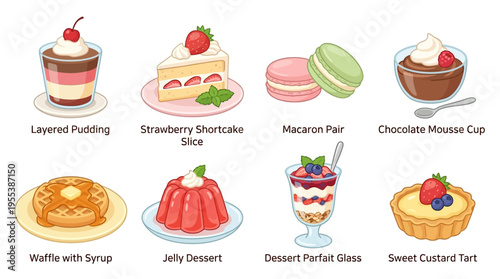 Vector illustration of various sweet desserts on plates and in glasses for menu design