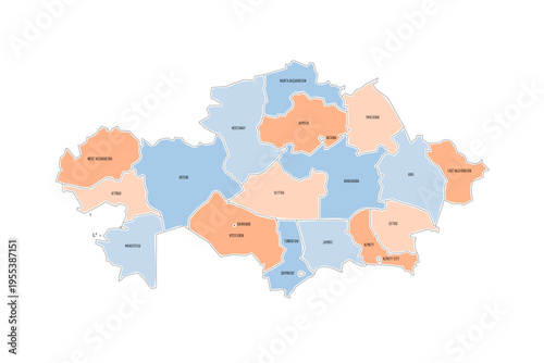 Kazakhstan political map of administrative divisions - regions and cities with region rights and city of republic significance Baikonur. Colorful handdrawn doodle style map with black outline borders