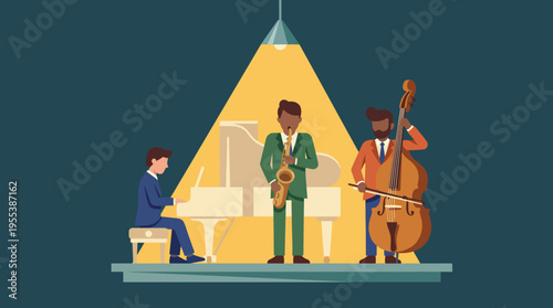 A jazz trio performs under a spotlight on stage, conveying energy, emotion, and the artistic expression of music in a vibrant and soulful setting.