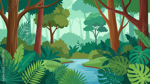 This rich illustration of a lush jungle captures various green trees and plants, accentuating the beauty and diversity of nature in a serene and peaceful landscape.