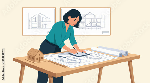 A professional woman architect meticulously draws detailed house plans on a table, showcasing her creativity and dedication to designing beautiful homes.