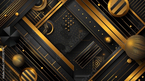 Abstract design featuring gold and black geometric shapes and patterns.