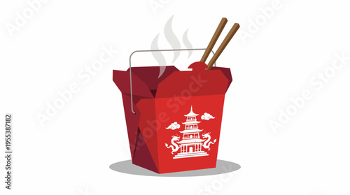 A vibrant takeout food box featuring Asian design and chopsticks, capturing the essence of convenience and diverse culinary experiences in modern dining culture.