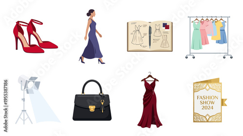 Fashion designer creates vector illustrations of stylish woman wearing red dress and high heels with accessories.