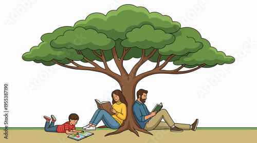 This serene illustration captures a family of three cozying up under a lush tree, reading together and enjoying the quiet joys of storytelling and togetherness in nature.