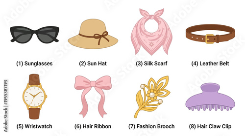 Vector illustration of fashionable accessories and clothing items on a flat surface including sunglasses sun hat silk scarf leather belt wristwatch hair ribbon fashion brooch and hair claw clip.