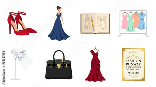 Fashion designer sketches vector clothes and accessories in a stylish boutique with red high heels and a black handbag on display.