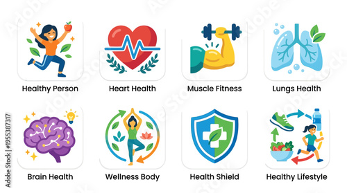 A vector illustration of healthy lifestyle icons showcasing a person, heart, muscle, lungs, brain, body, shield, and people engaging in fitness activities.