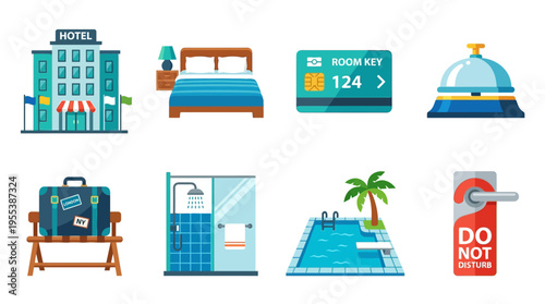 Vector graphics of a hotel with various rooms and amenities including a lounge chair, shower, pool, and door sign.