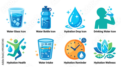 Vector graphics illustrate a vibrant hydration concept with icons and symbols promoting healthy water intake and wellness reminders in a lively digital illustration.