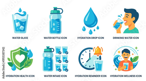 Vector graphics illustrate various hydration icons and a person drinking water from a bottle in a refreshing environment with a clock and a glass.