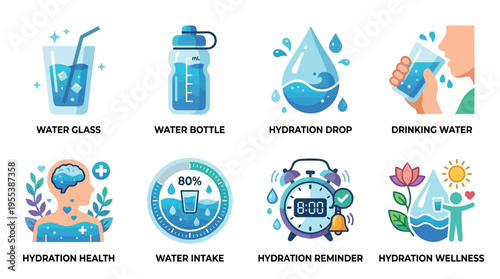 Vector icons of people drinking water from a glass and bottle promoting hydration health and wellness with a reminder.