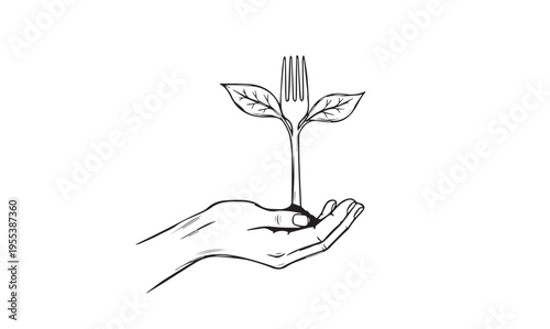 A hand nurturing a young plant with raindrops