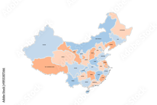 China political map of administrative divisions - provinces, autonomous regions and municipalities. Colorful handdrawn doodle style map with black outline borders and name labels.