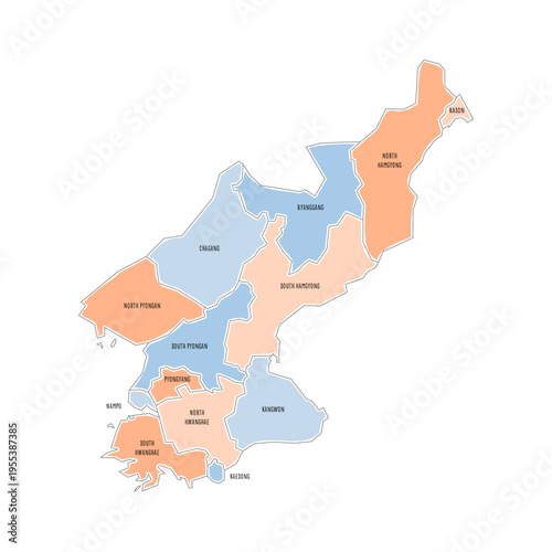 North Korea political map of administrative divisions - provinces. Colorful handdrawn doodle style map with black outline borders and name labels.