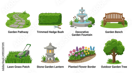 A vector illustration of a serene garden scene featuring a winding pathway, trimmed bushes, a decorative fountain, a bench, grass patch, lantern, flower border, and a tree.