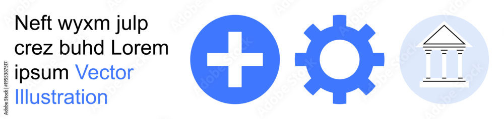 Obraz premium Healthcare, technology, education, infrastructure, institutional development, engineering. Blue cross, gear and a classical building icon. Healthcare and technology concept
