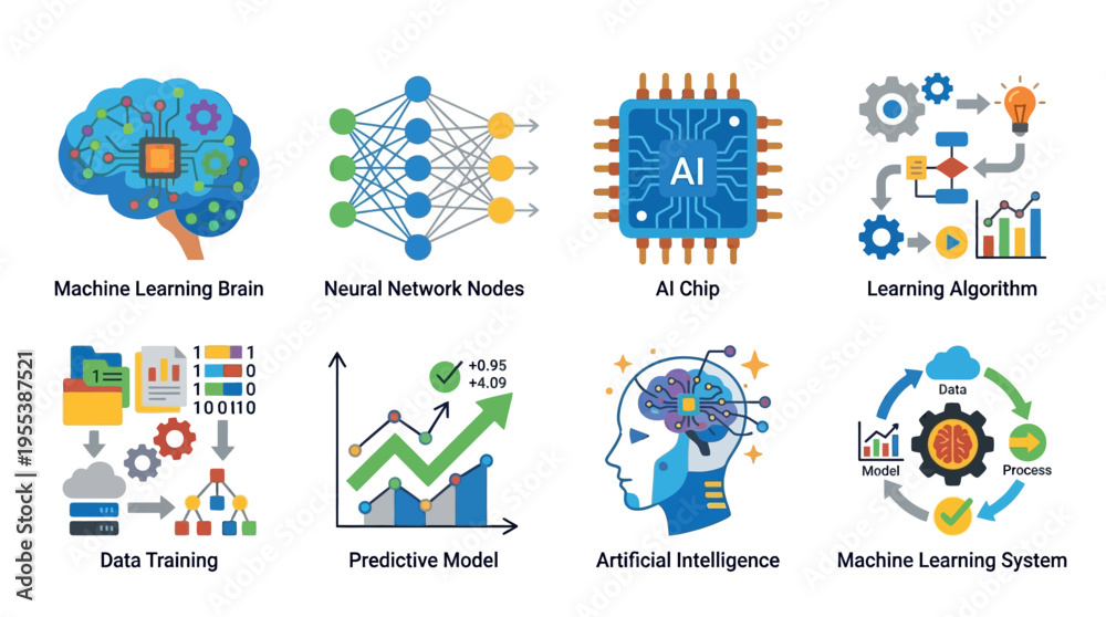 Fototapeta premium Vector graphics illustrate a machine learning concept with neural network nodes and AI chip in a futuristic laboratory setting with various learning algorithms and data training visualizations.