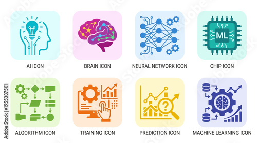 Vector graphics illustrating various technology icons including AI, brain, neural network, and machine learning concepts in a single frame.