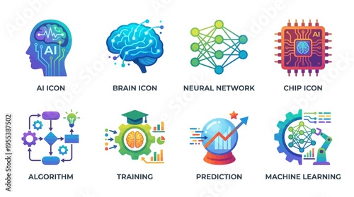 Vector graphics illustrating AI concepts with icons of brain neural network chip algorithm training prediction and machine learning