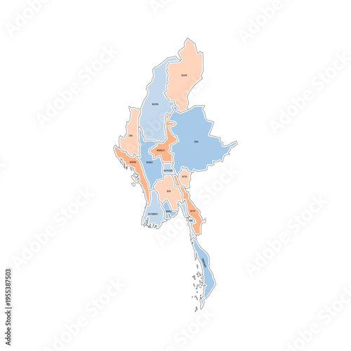 Myanmar political map of administrative divisions - states, regions and Naypyitaw Union Territory. Colorful handdrawn doodle style map with black outline borders and name labels.
