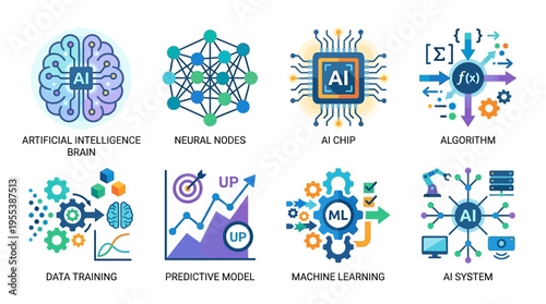 Vector graphics illustrating various artificial intelligence concepts and machine learning algorithms through neural networks and data training.