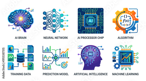 An illustration vector graphics composition depicts AI concepts including brain neural network processor algorithm training data model intelligence and machine learning in a technological environment.