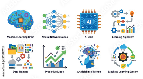 Vector graphics illustrate a machine learning concept with neural network nodes and AI chip in a futuristic laboratory setting with various learning algorithms and data training visualizations.