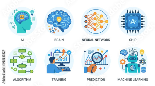 A vector illustration shows a brain with neural network and AI chip surrounded by algorithm training and machine learning concepts.