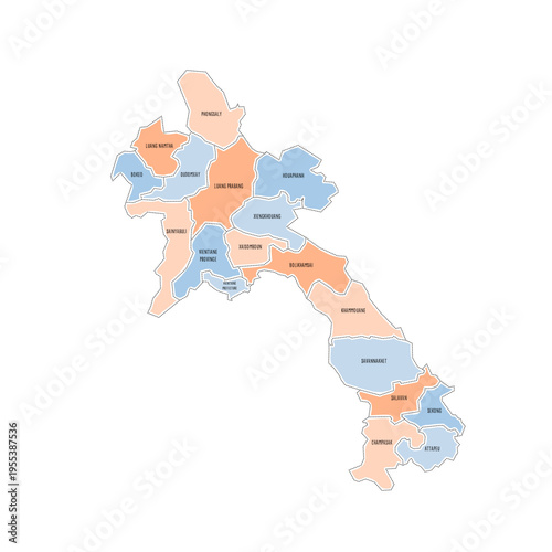 Laos political map of administrative divisions - provinces and prefecture of Vientiane. Colorful handdrawn doodle style map with black outline borders and name labels.