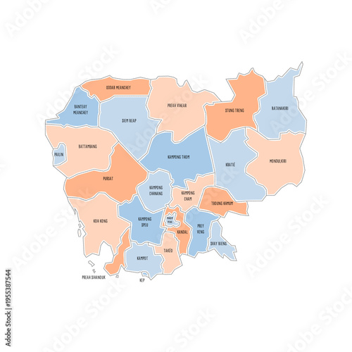 Cambodia political map of administrative divisions - provinces and autonomous municipality of Phnom Penh. Colorful handdrawn doodle style map with black outline borders and name labels.