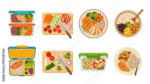 A vector illustration of various healthy meals and snacks arranged neatly on plates and in containers on a table.