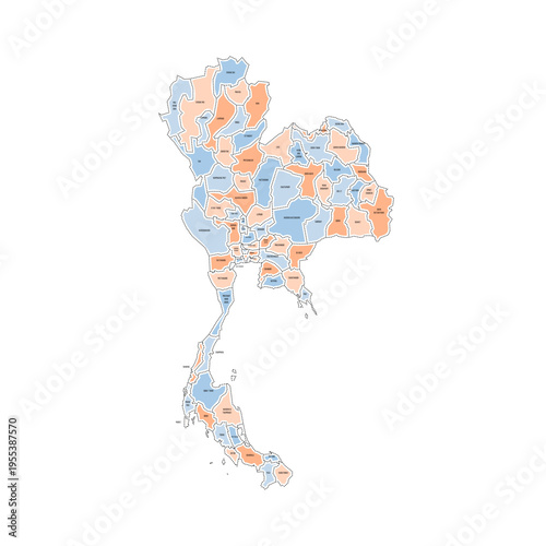 Thailand political map of administrative divisions - provinces. Colorful handdrawn doodle style map with black outline borders and name labels.