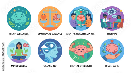 Vector illustrations of various mental wellness icons with people, brain, and mindfulness elements in a calm environment for therapy and emotional balance.