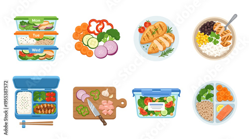 Vector illustration of various food items and dishes on a plate and cutting board in a modern kitchen setting with utensils and containers
