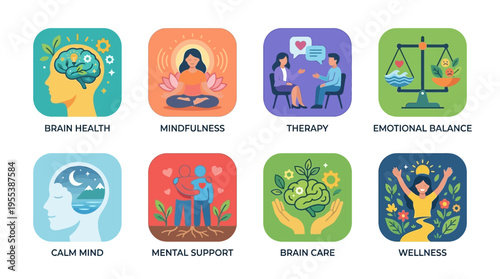 A colorful vector illustration depicts various aspects of mental health and wellness through symbolic icons and figures in a calm environment.