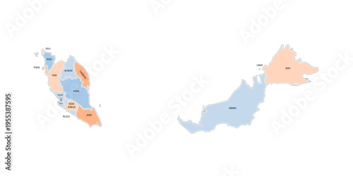 Malaysia political map of administrative divisions - states and federal territories. Colorful handdrawn doodle style map with black outline borders and name labels.
