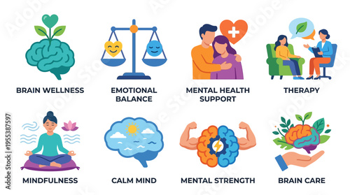 Mindfulness illustrations vector graphics show brain wellness, emotional balance, mental health support, therapy, and calm mind concepts