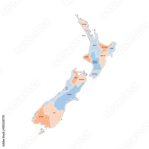 New Zealand political map of administrative divisions - regions. Colorful handdrawn doodle style map with black outline borders and name labels.