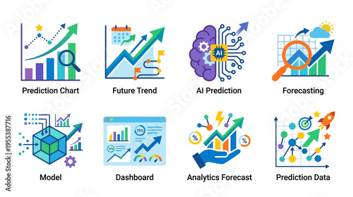 A vector illustration of various colorful analytics and prediction icons on a white background, showcasing a model, dashboard, and forecast data in a futuristic style.
