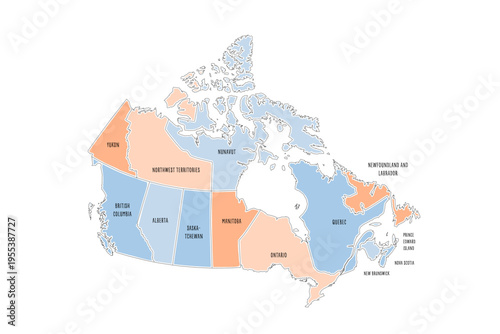 Canada political map of administrative divisions - provinces and territories. Colorful handdrawn doodle style map with black outline borders and name labels.