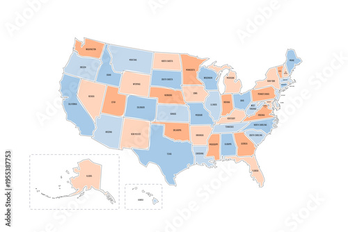 United States of America political map of administrative divisions - states and federal district Washington, D.C. Colorful handdrawn doodle style map with black outline borders and name labels.