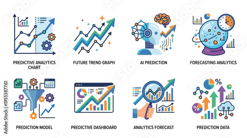Vector graphics illustrate predictive analytics and AI forecasting with charts and graphs on a predictive dashboard.