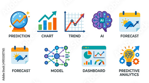 A vector illustration of a futuristic dashboard displaying prediction charts and trend analysis with AI forecast and model graphics on a digital screen interface.